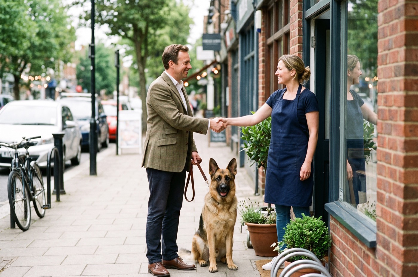 A man with a German Shepherd on a lead shakes hands with a groomer in the doorway of a small salon on a leafy high street