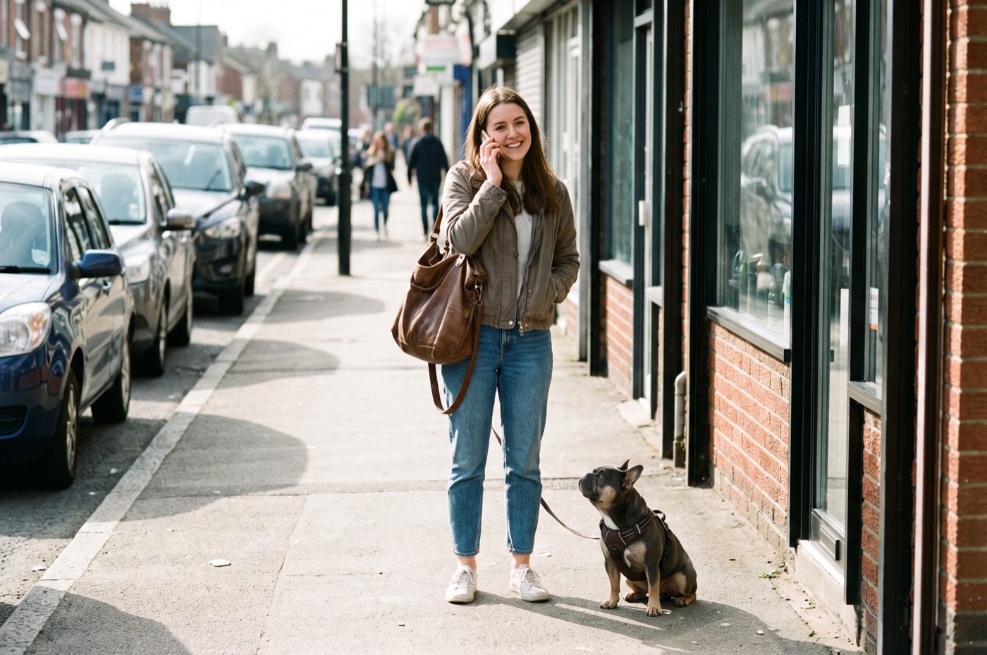 A young woman makes a phone call on a sunny pavement outside a salon while her French Bulldog sits at her feet