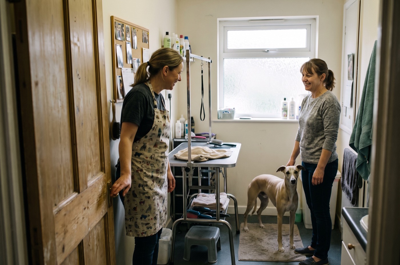 A groomer opens the door of a small quiet grooming room to show an owner whose fawn Whippet stands calmly beside her
