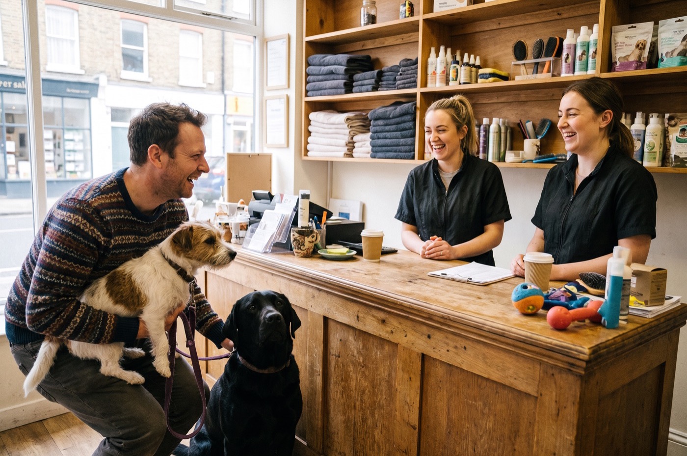 An owner with a black Labrador and a Jack Russell talks with two groomers behind a busy salon counter