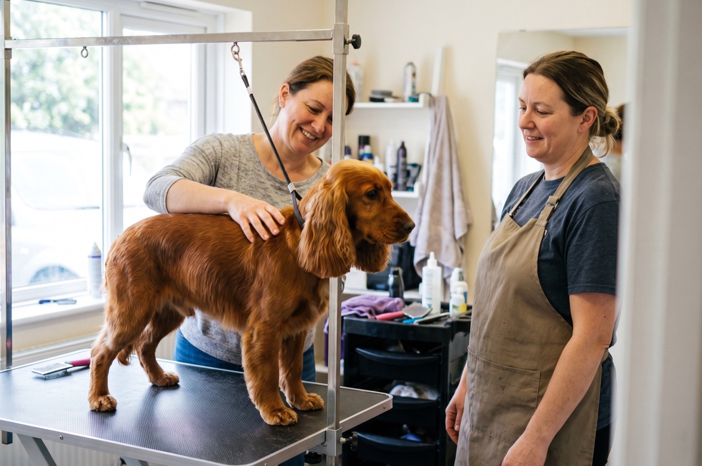 An owner strokes the freshly trimmed coat of her red Cocker Spaniel on the grooming table as the groomer stands beside her