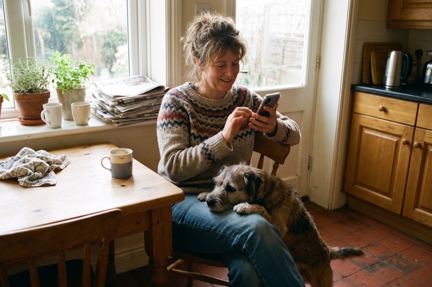 A woman scrolls on her phone at a sunny kitchen table with a scruffy terrier cross resting its chin on her knee