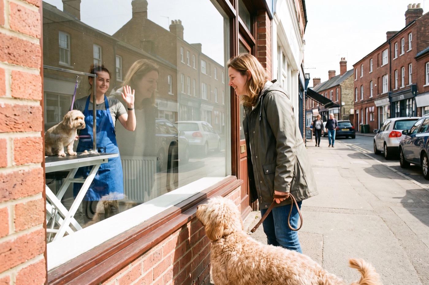 A woman with a Labradoodle peers through the window of a small dog grooming salon while the groomer inside waves at her