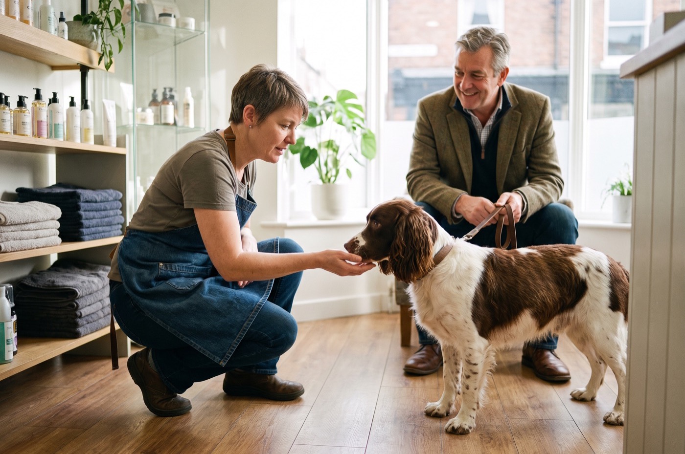 A groomer crouches to greet a liver-and-white Springer Spaniel sniffing her hand while its owner looks on approvingly