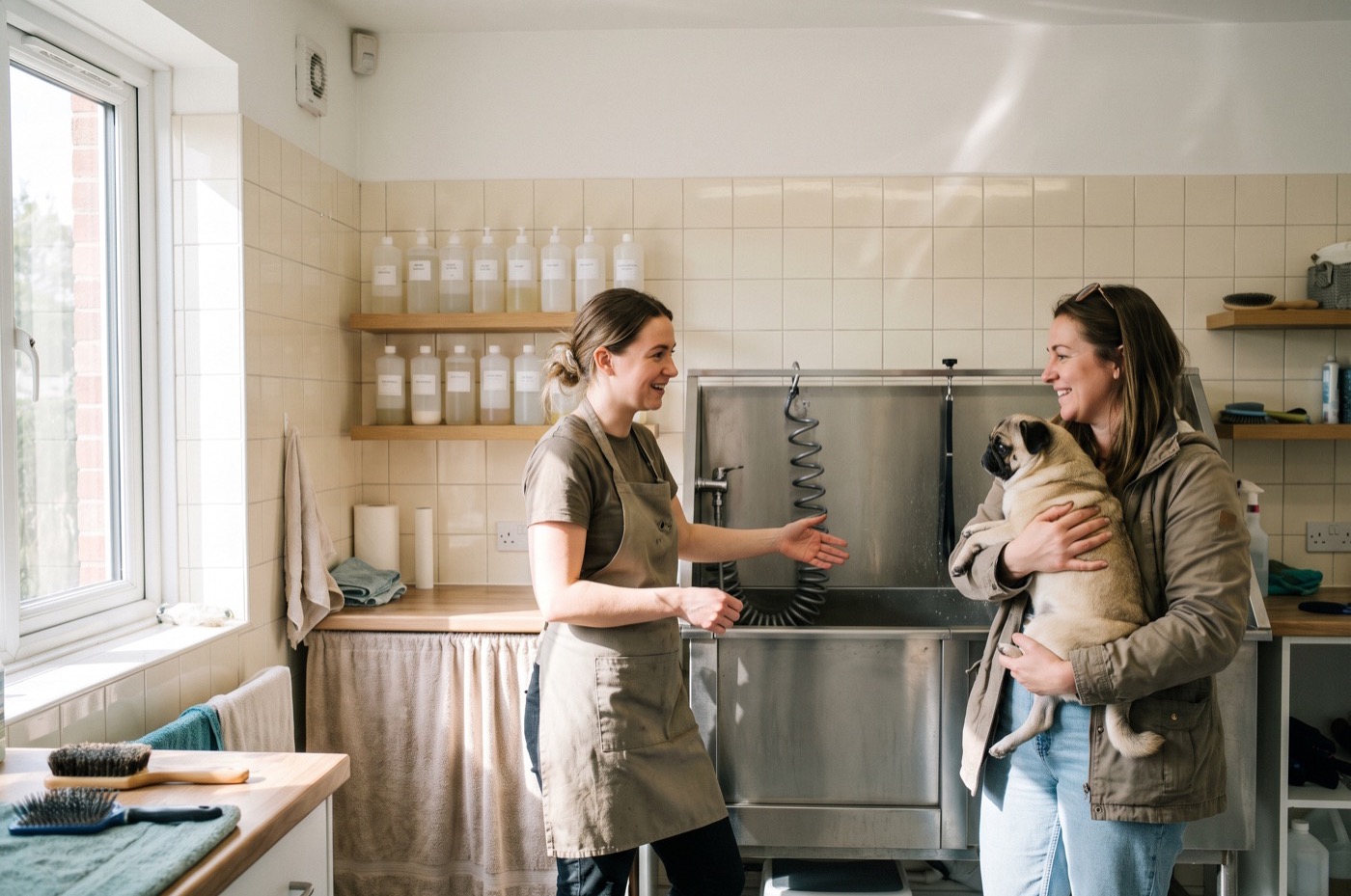 A groomer shows a customer holding a fawn Pug around a bright tiled salon, gesturing to the stainless-steel bath