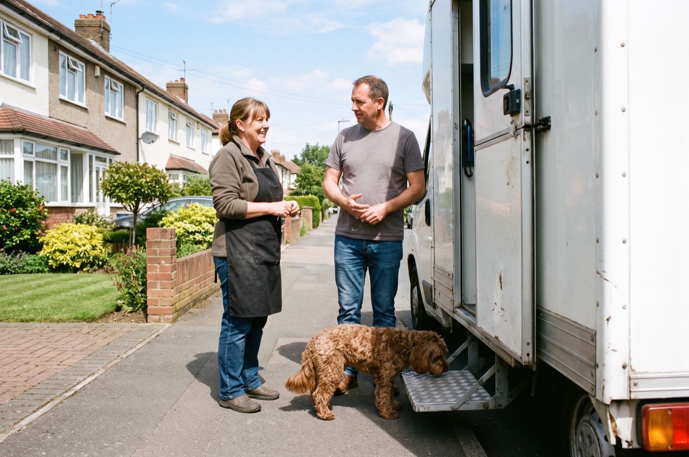 A mobile groomer and a customer chat beside a grooming van on a quiet suburban street while a Cockapoo sniffs at the van step