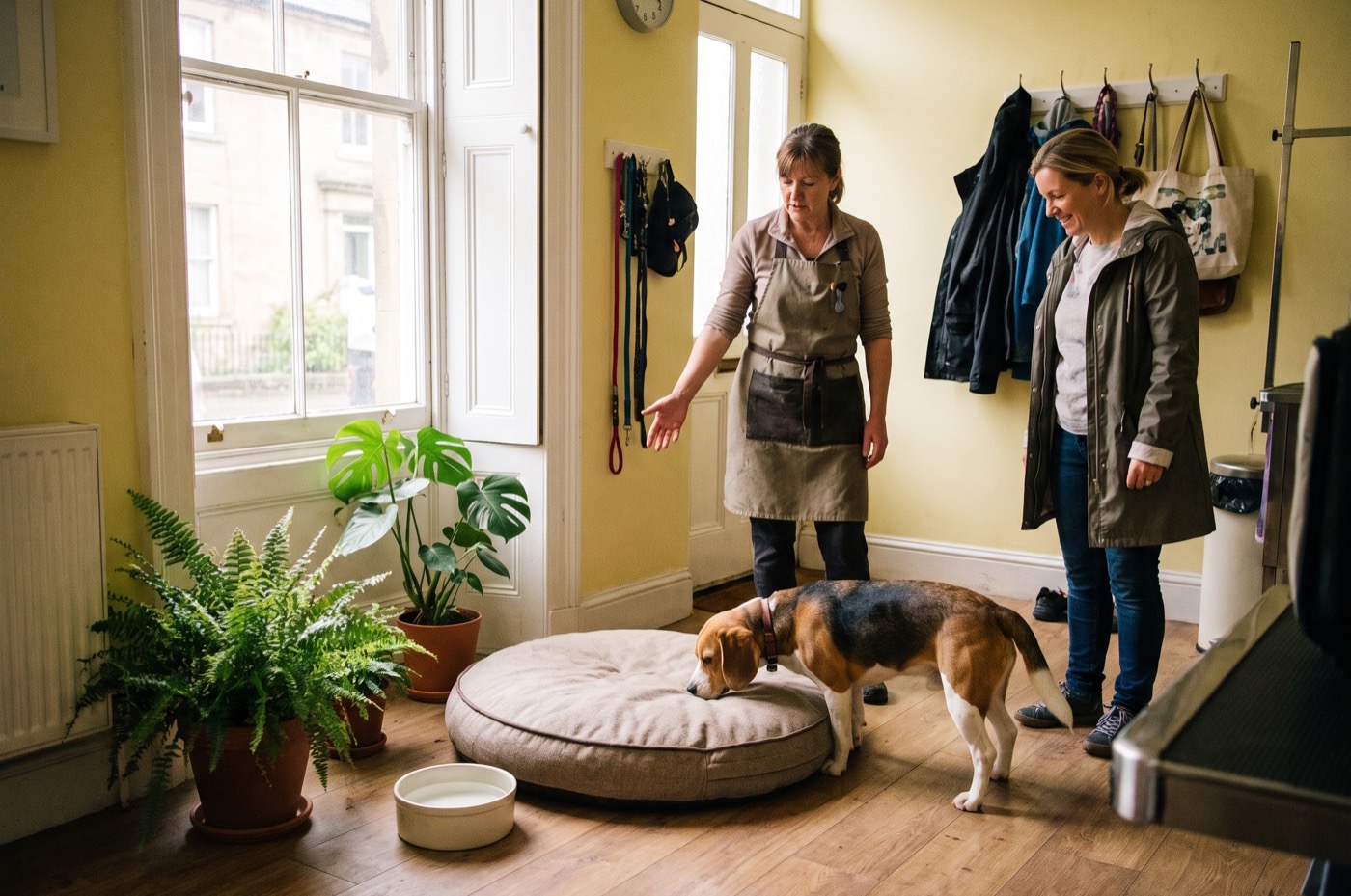 A groomer shows an owner a calm cage-free waiting corner of her salon while the owner's Beagle sniffs the dog bed