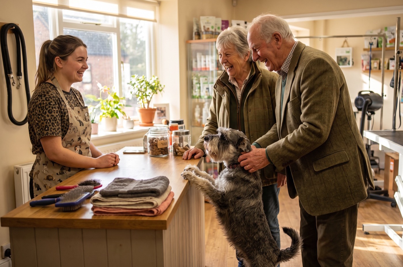 An elderly couple laugh with a young groomer at a salon counter as their Miniature Schnauzer puts its front paws up on it