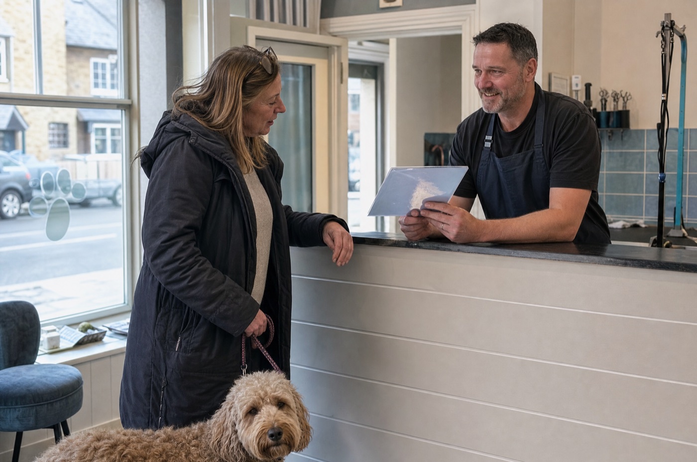 A dog owner talking with a groomer at a salon reception desk, her dog sitting on the lead beside her