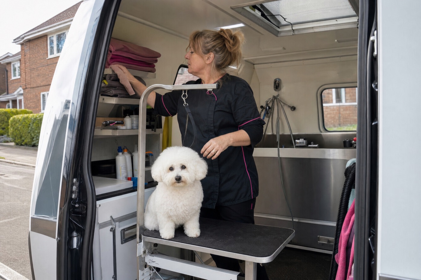 A mobile groomer working inside the grooming bay of a van parked on a residential street