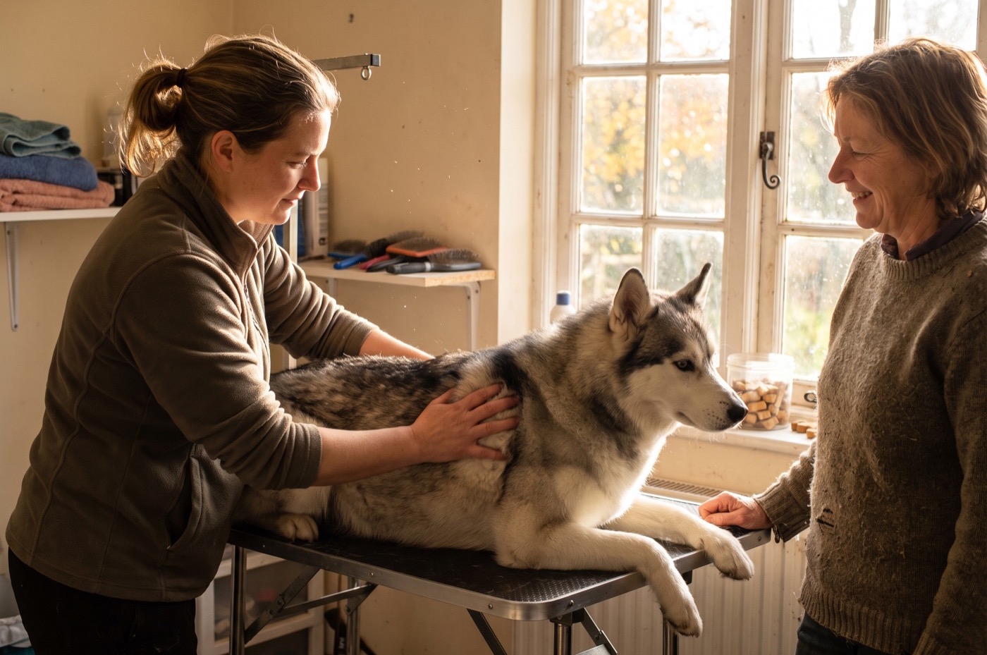 A groomer runs both hands into the thick coat of a Siberian Husky lying on a grooming table while the owner watches in autumn light