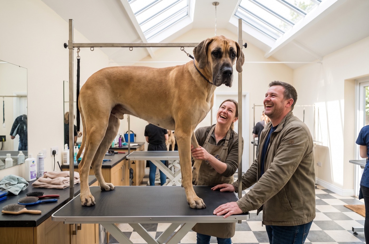 A huge fawn Great Dane stands on a grooming table under skylights while the groomer and its owner laugh and look up at him
