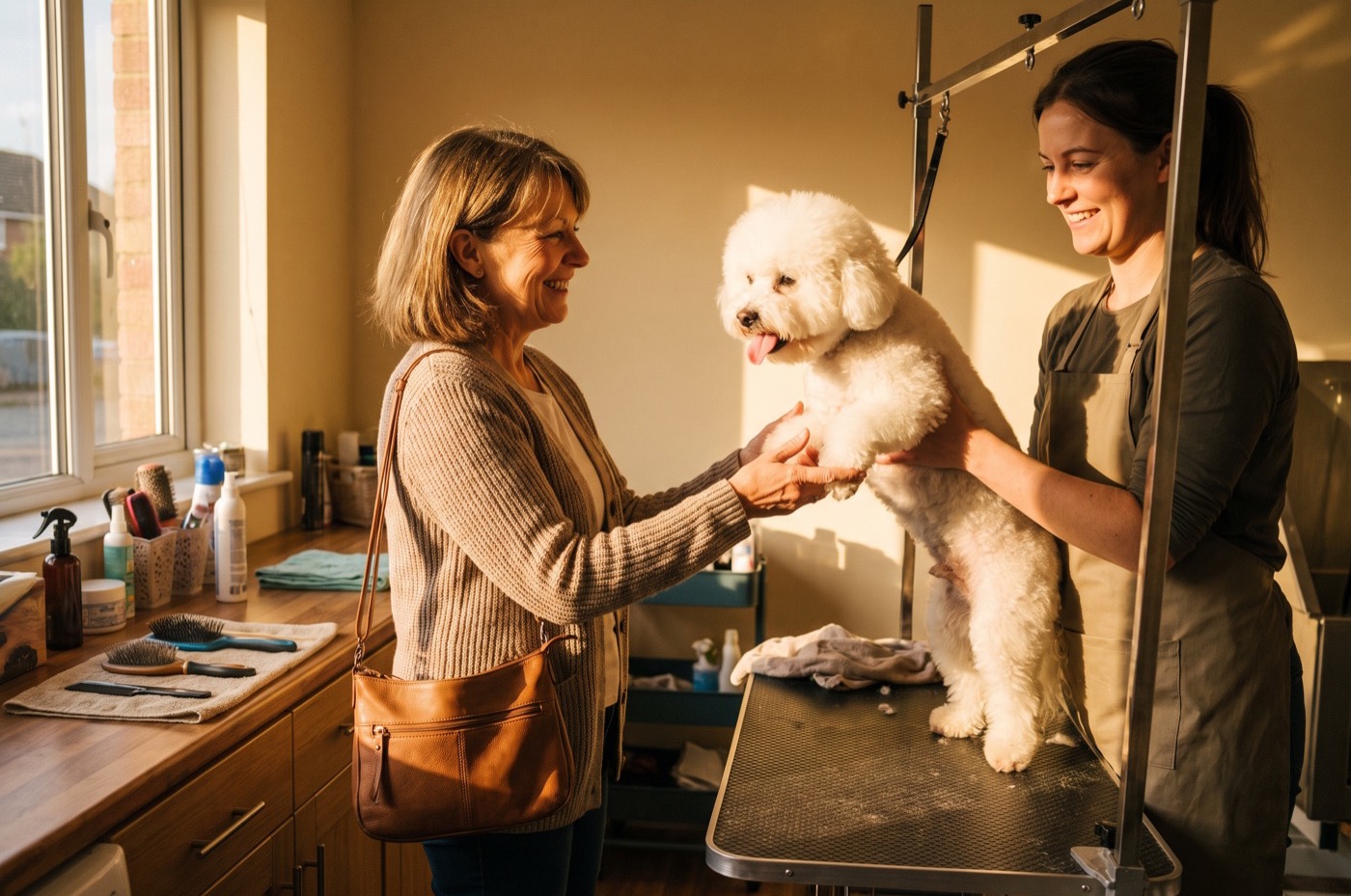 A delighted woman reaches out to a fluffy white Bichon Frise that the groomer is lifting off the table in warm evening light