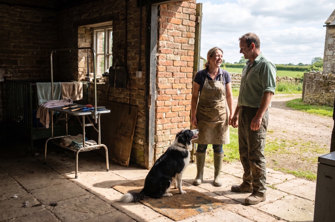 A groomer and a farmer stand in the sunlit doorway of a converted brick barn salon with a Border Collie sitting at their feet