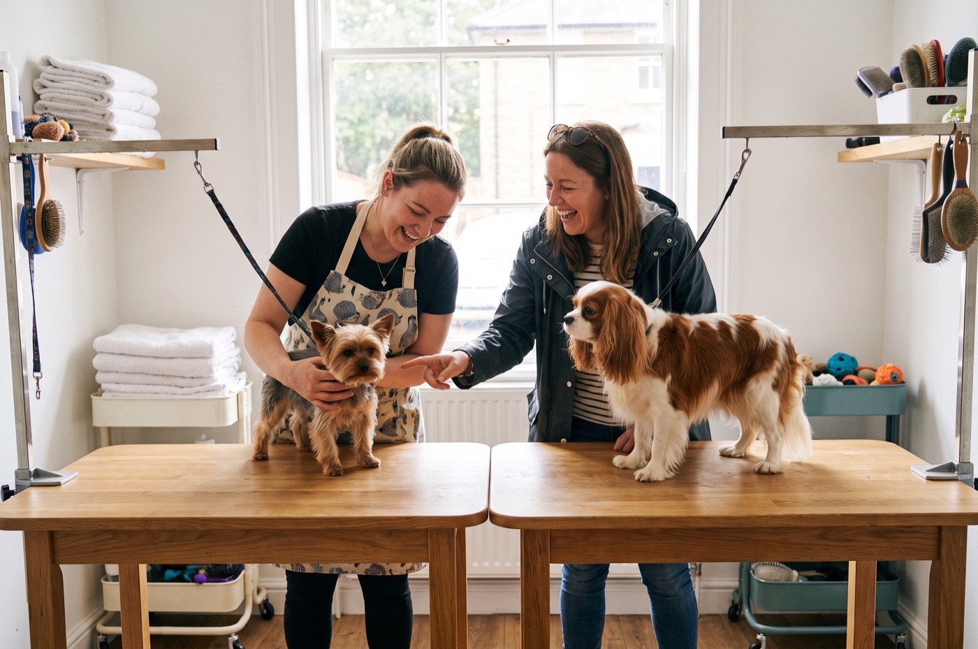 A tiny Yorkshire Terrier and a Cavalier King Charles Spaniel stand on two side-by-side grooming tables while the groomer and owner laugh