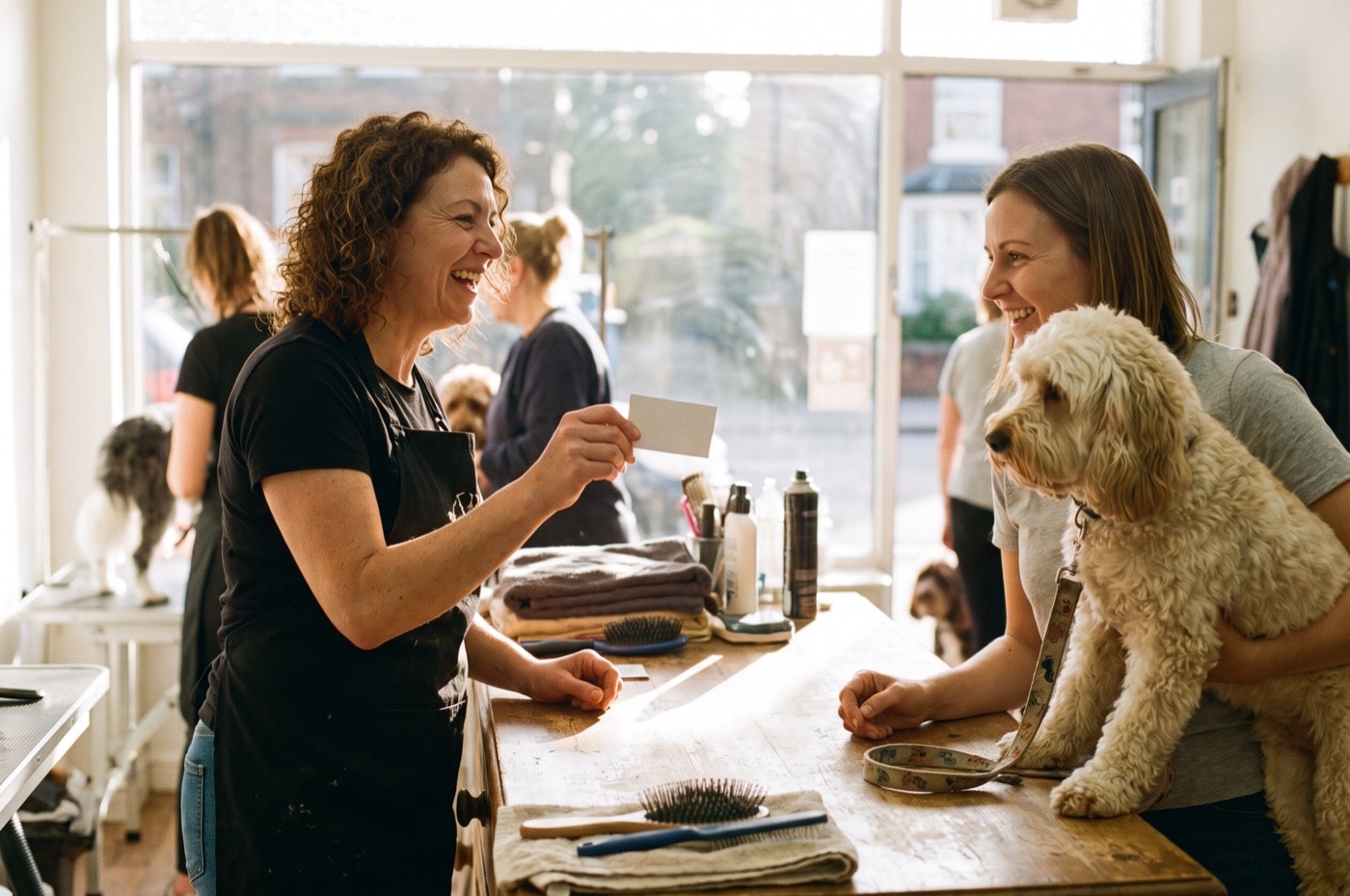 A groomer in a black apron holds up a small card at a sunlit salon counter while a customer with a cream Cockapoo on a lead smiles back