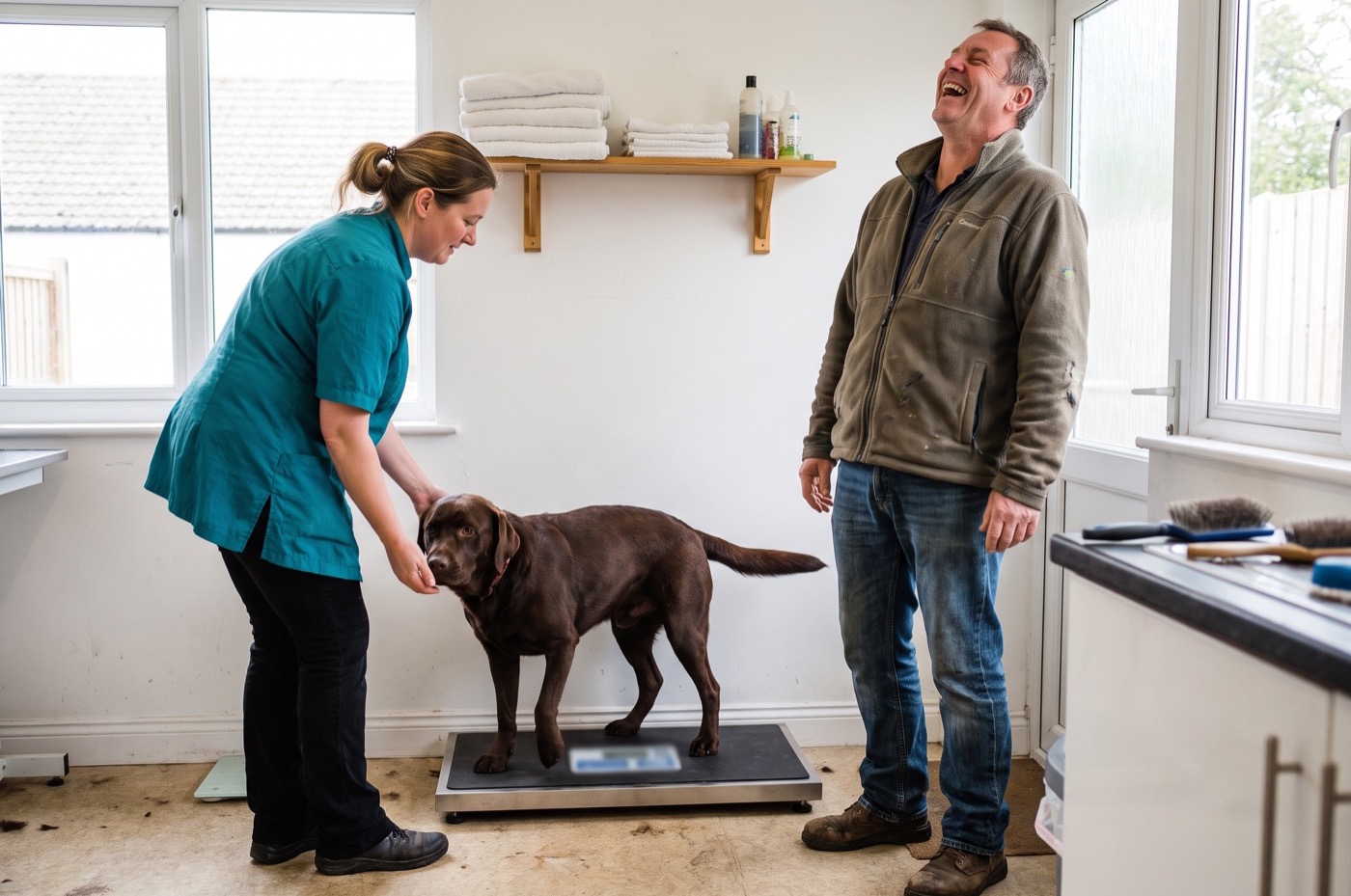 A groomer in a teal tunic guides a chocolate Labrador onto a floor scale while its owner laughs beside her in a bright salon