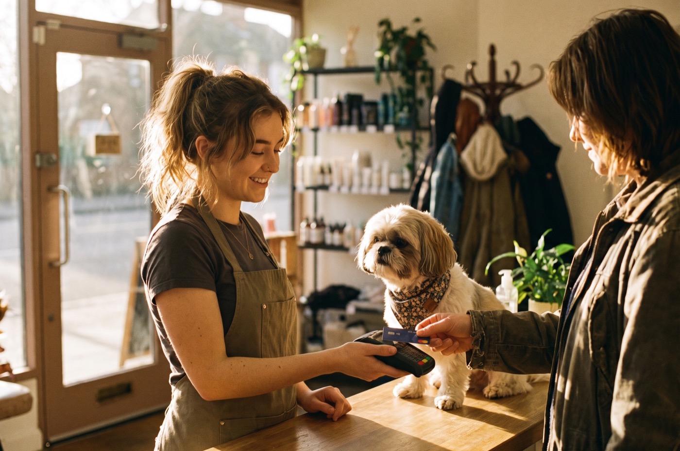 A customer taps her bank card on a handheld reader held by a smiling groomer, a freshly groomed Shih Tzu sitting on the counter between them