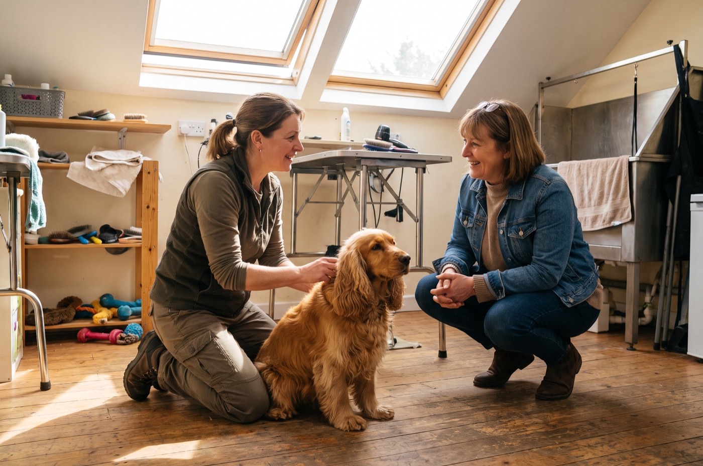 A groomer kneels on the salon floor parting the coat of a golden Cocker Spaniel to show its owner where it has matted