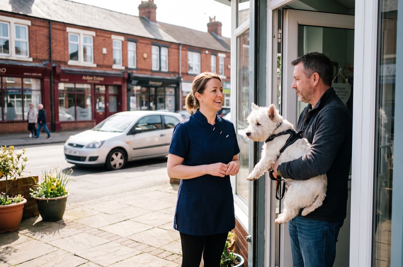 A groomer and a customer holding a West Highland Terrier chat in the open doorway of a small salon on a sunny high street