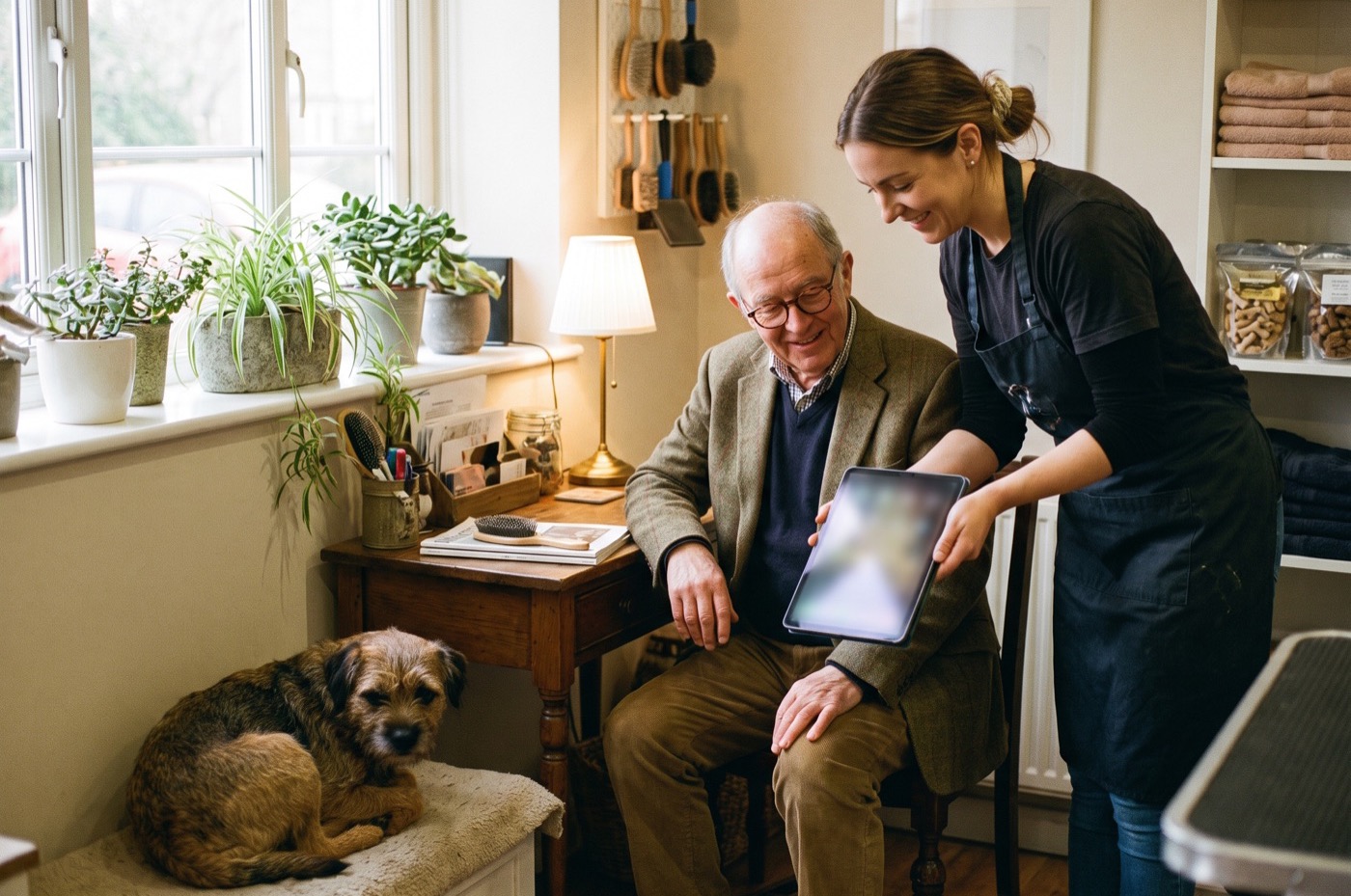 An older man with a Border Terrier at his feet sits at a salon desk while a groomer shows him something on a tablet