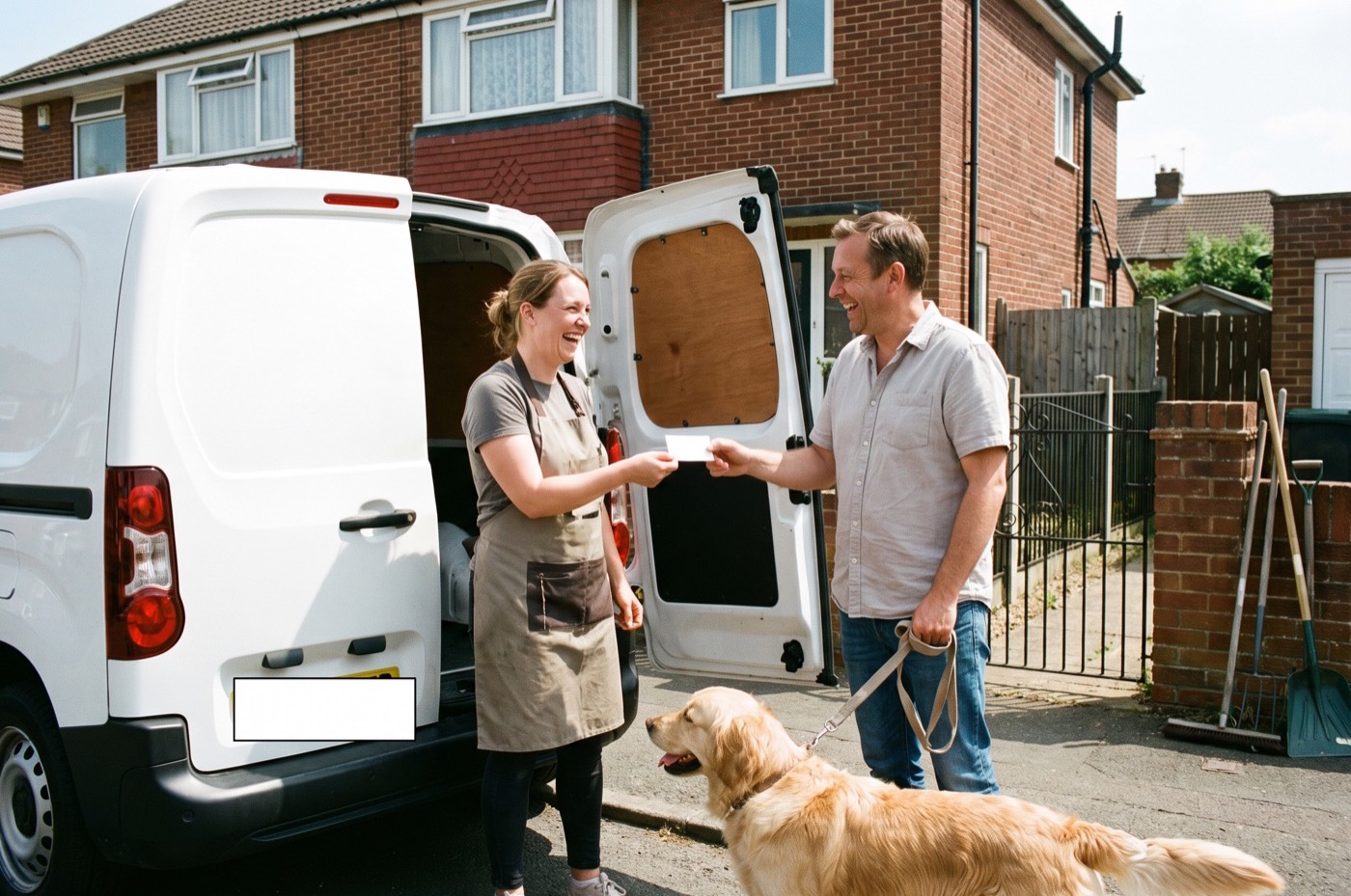 A mobile groomer at the open rear doors of her white van hands a card to a customer holding a Golden Retriever on a suburban driveway