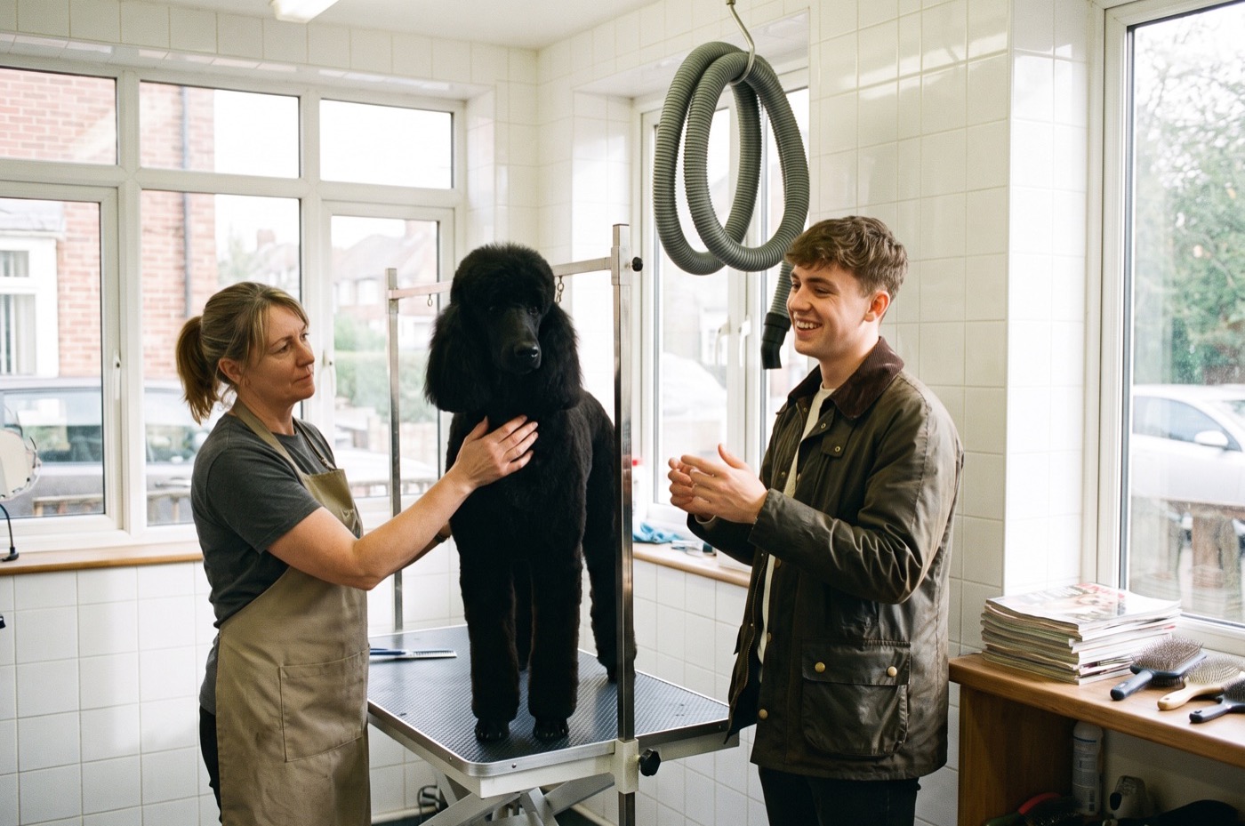 A groomer stands a tall black Standard Poodle on the table with a hand at its shoulder while the young owner grins at its size