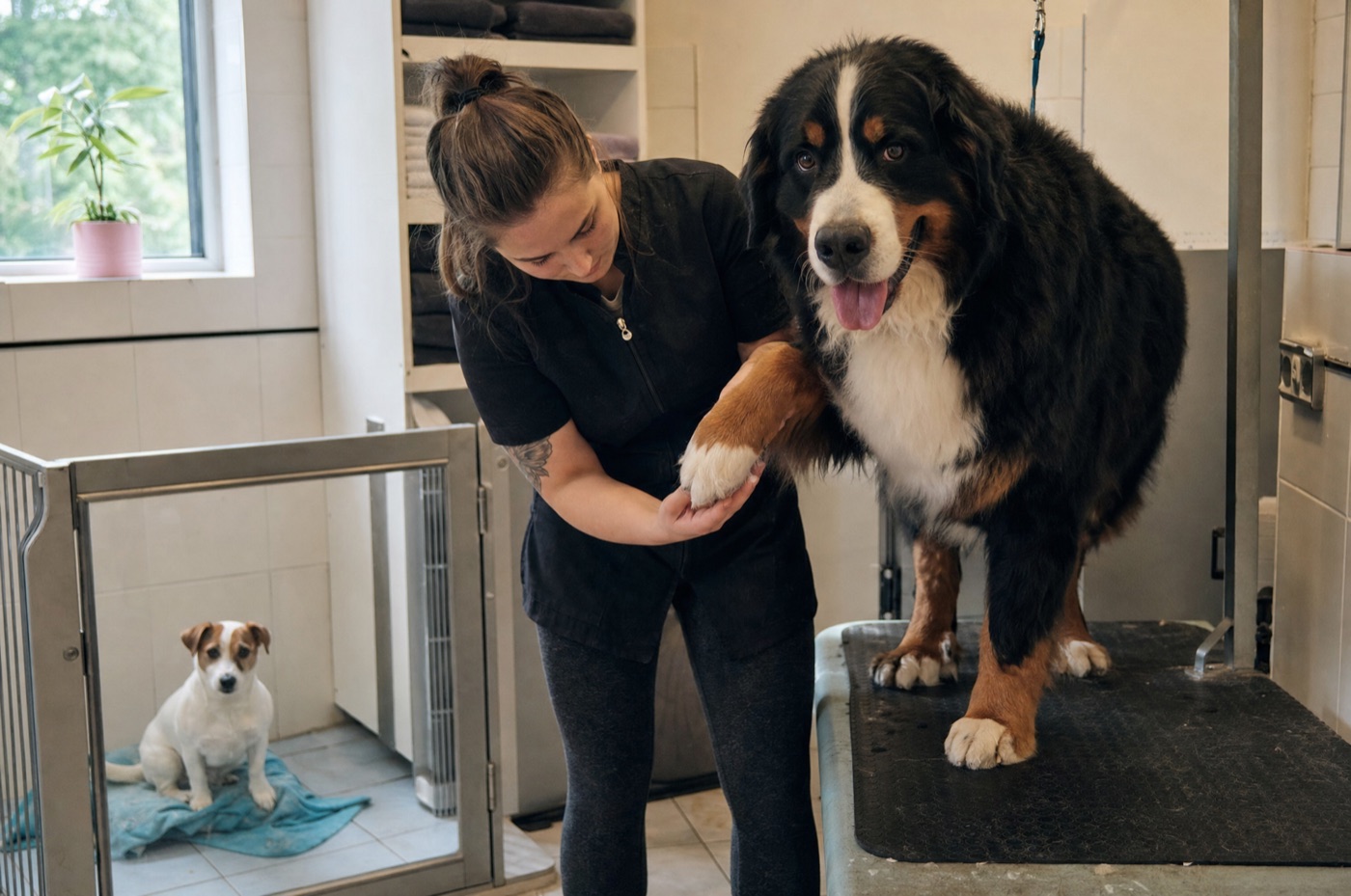 A groomer pointing out a price list on the counter to a waiting customer