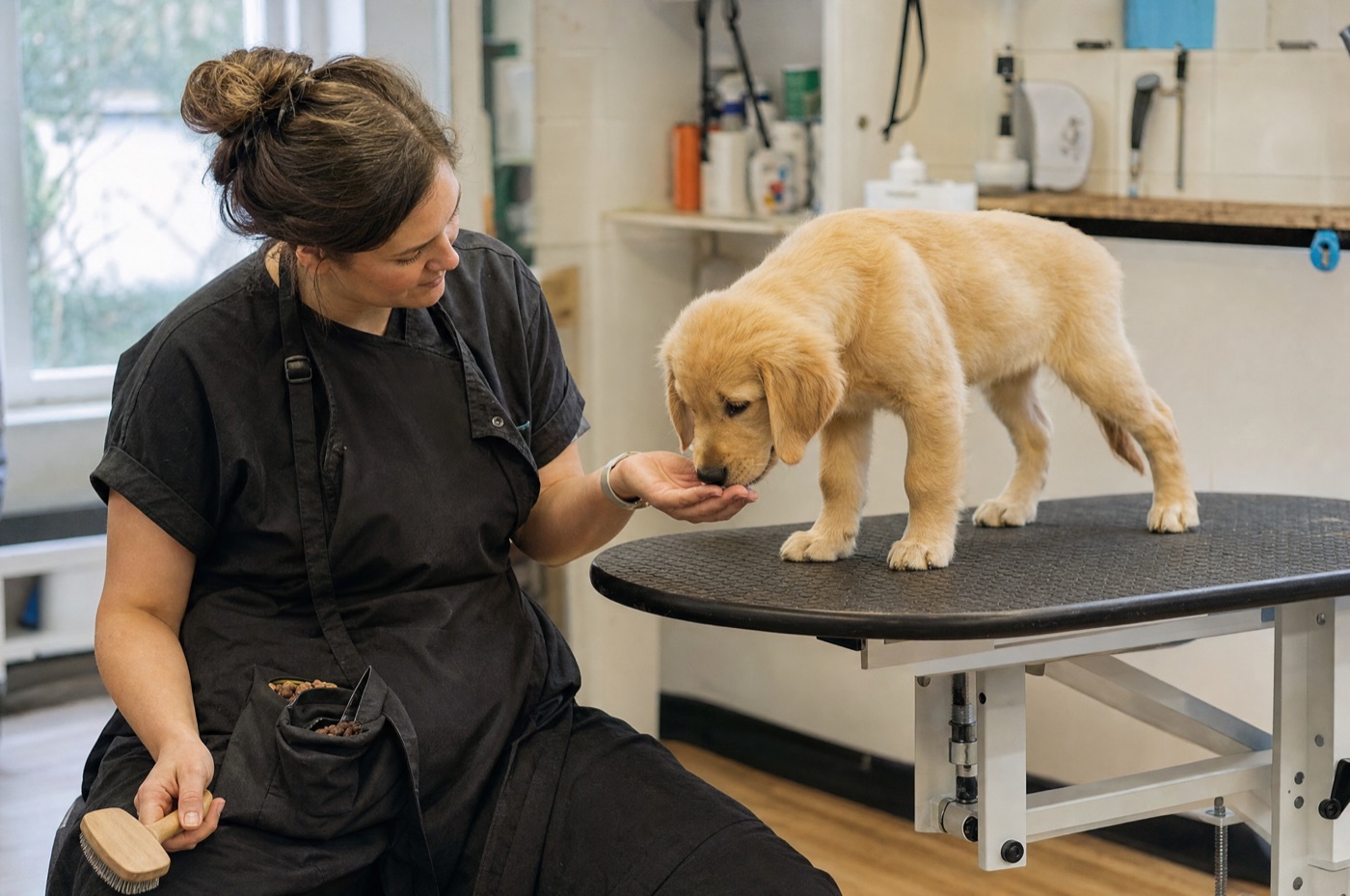 A groomer holding clippers away from a young puppy to let it get used to the sound first