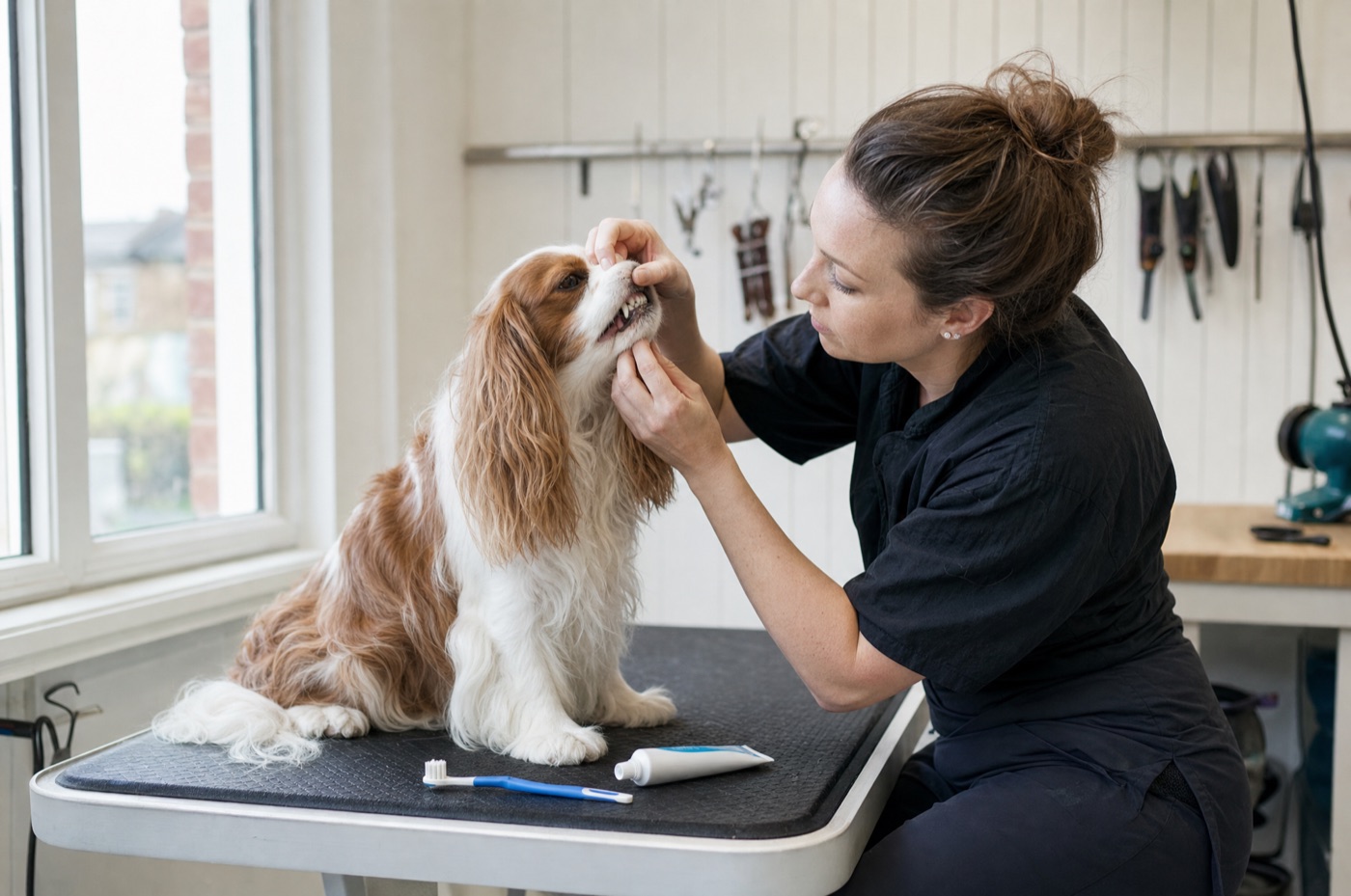 A groomer brushing a calm dog's teeth with a finger brush on the grooming table