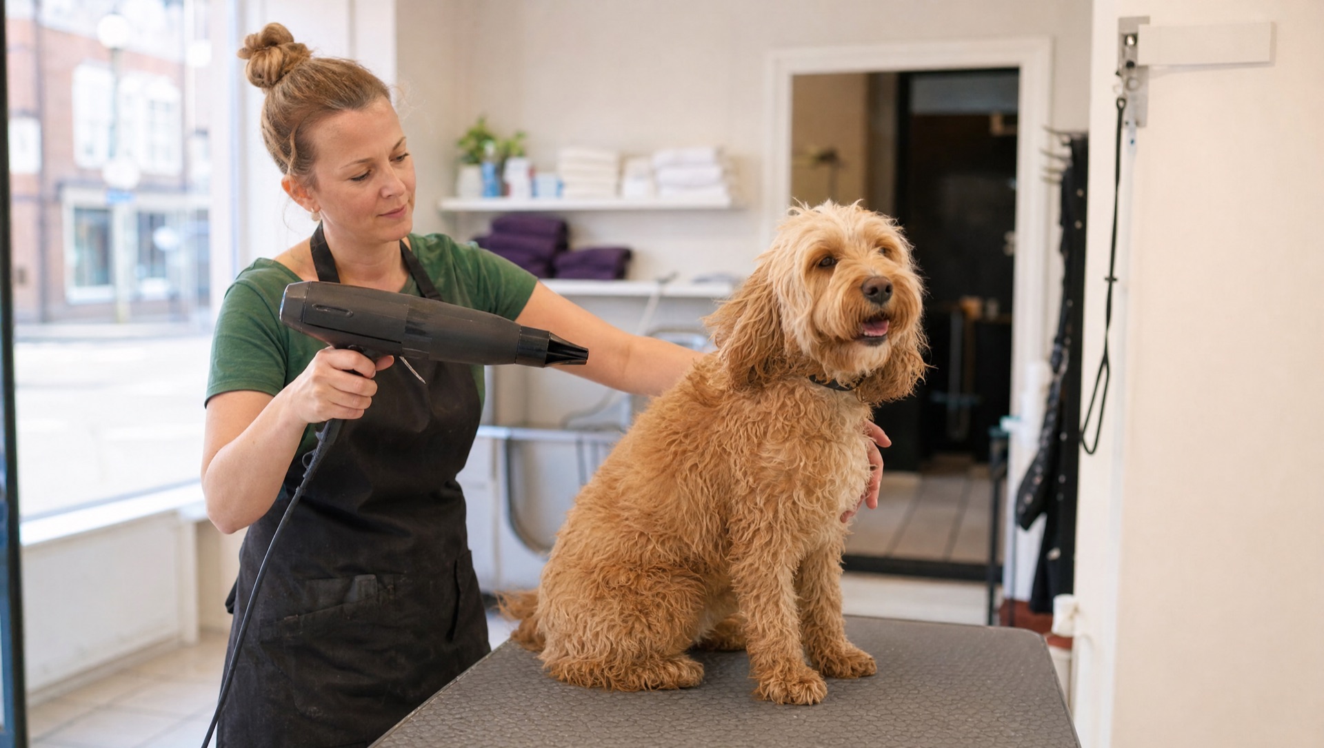 A dog groomer blow-drying a cockapoo standing on a grooming table in a bright high-street salon