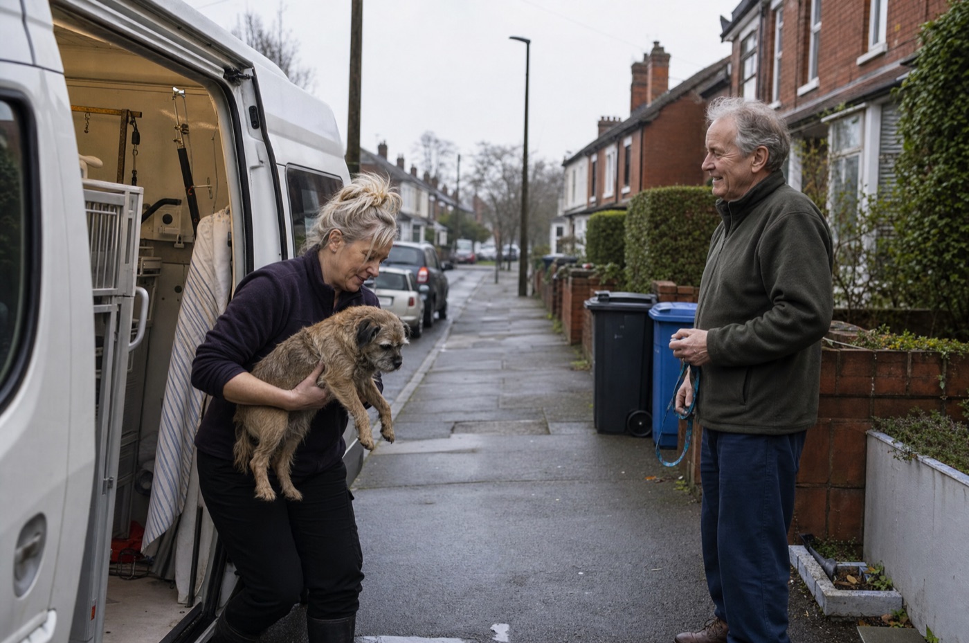 A mobile dog groomer lifting a terrier down from the back of her van while his owner waits on the pavement
