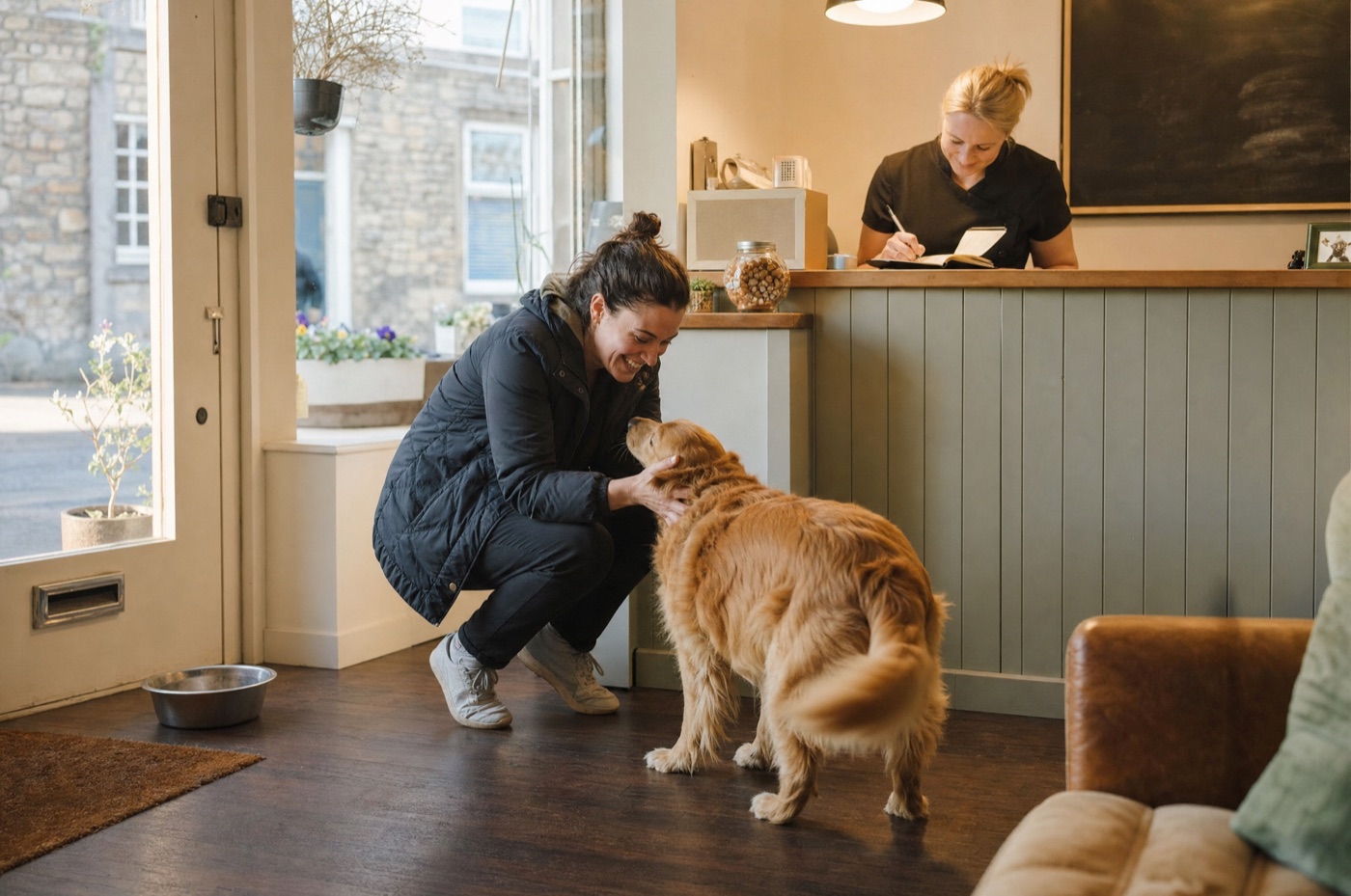 A dog owner crouching to greet her golden retriever at a salon reception desk while the receptionist writes up the booking